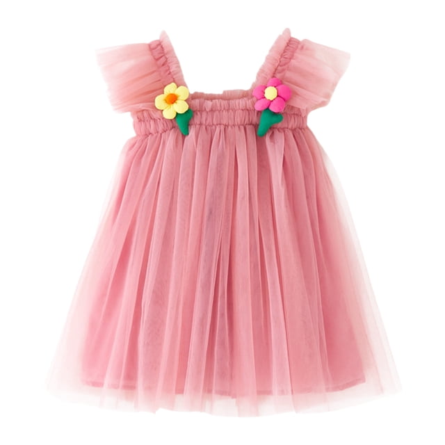 Hpapadks Robe Bébé Manches Volantes Fleurs Tulle Robe de Fête Robe à Bretelles Filles Rose 12-18 Mois