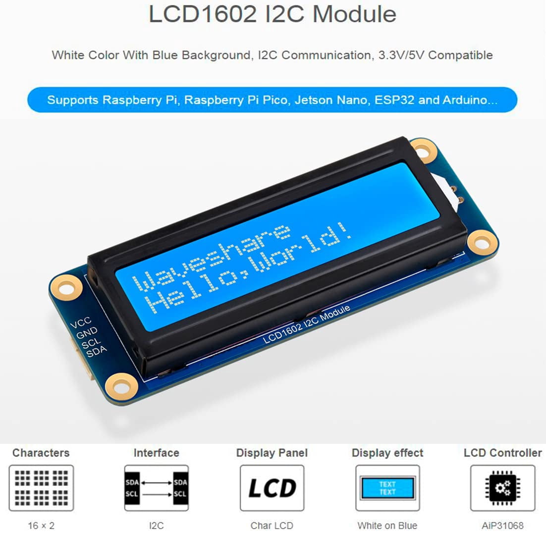 AiP31068 LCD1602 I2C Module,16x2 Characters Display, White Color with Blue Background, Compatible with Arduino// Pico/Jetson Nano/ ESP32, 3.3V/5V