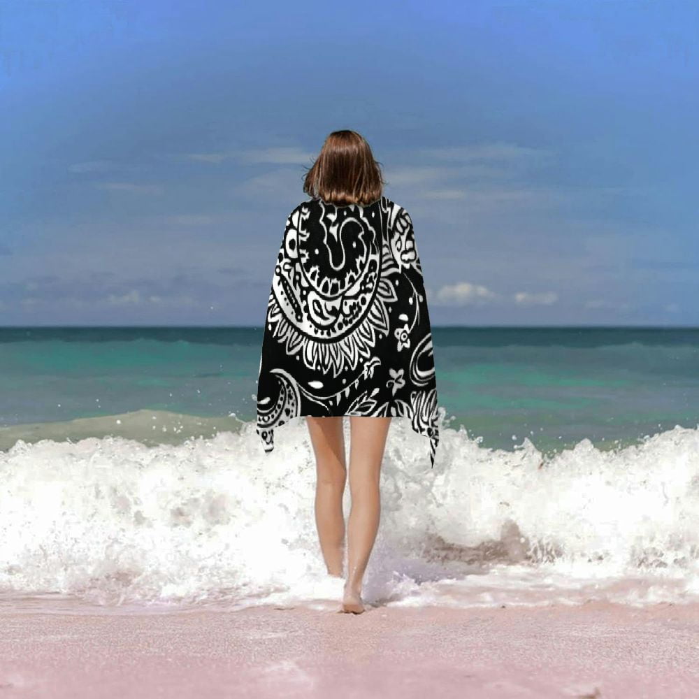 PHYHOO Black and White Indian Paisley Patterns Beach Towel, Sand Free Microfiber Beach Blanket, Quick Dry Absorbent Bath Towels for Swimming Pool, Camping, Picnic, Yoga Gym Sports 30x60in