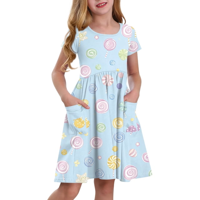 Robe à Manches Courtes pour Filles avec Imprimé Tissu Doux Col Rond Coupe Décontractée avec Poches Latérales pour Enfants Usage Quotidien
