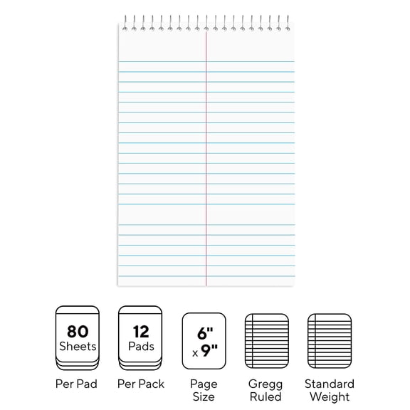 Staples Steno Pads 6" x 9" Gregg Ruled White 80 Sheets/Pad 24/Carton ST57354/TR573VS