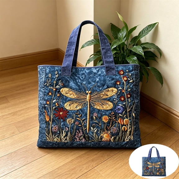 Taicans Dragonfly Embroidered Quilted Tote Bag for Women,Large Capacity Floral Handbag for Daily Use,1Pcs
