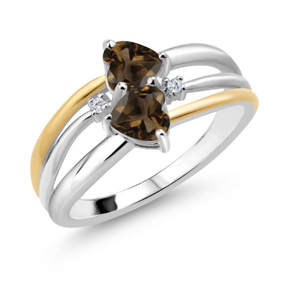 Gem Stone King 925 Silver and 10K Yellow Gold Brown Smoky Quartz and White Lab Grown Diamond Band Ring for Women (0.90 Cttw, Gemstone, Heart Shape 5MM, Size 9)