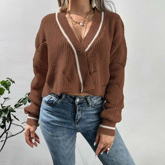 Idoravan Cardigans for Women Spring Women's Fall Fashion V Neck Single Breasted Chain Link Sweater Cardigan