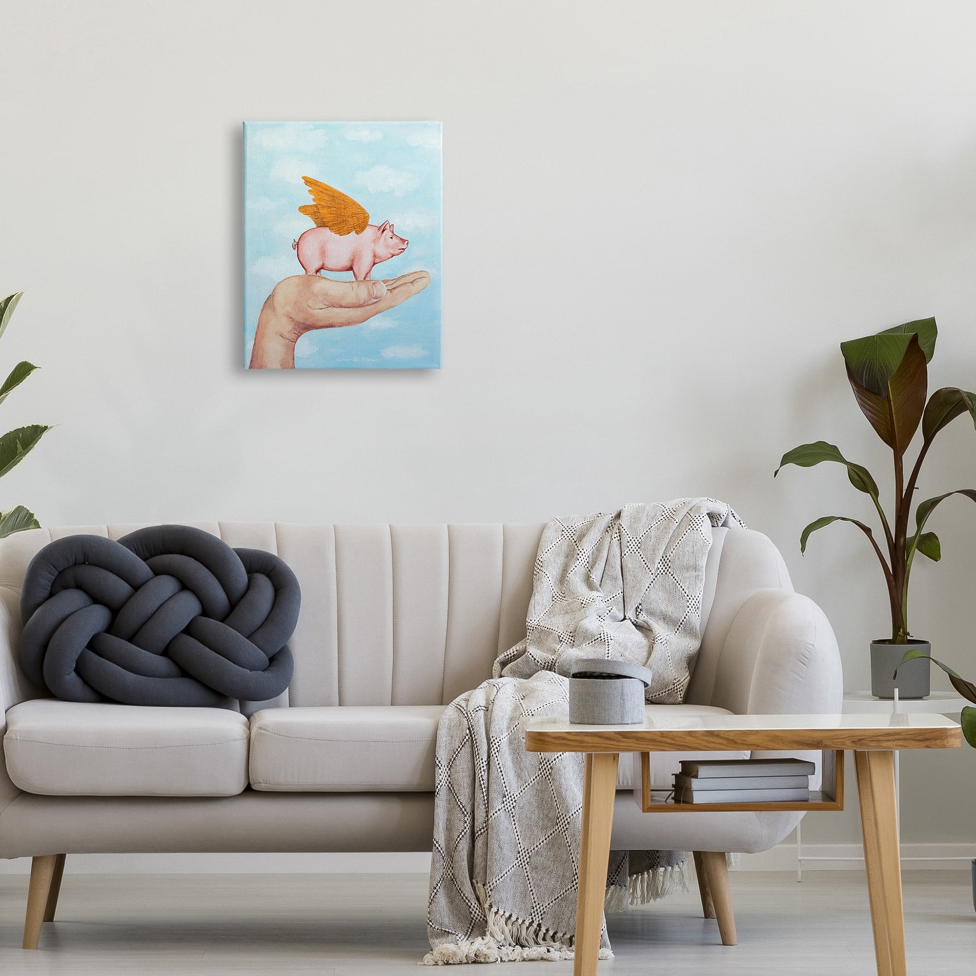 Stupell Industries Flying Pig in Palm Wings Fluffy Clouds Illustration Novelty Painting Gallery-Wrapped Canvas Print Wall Art, 24 x 30, Design by Coco de Paris