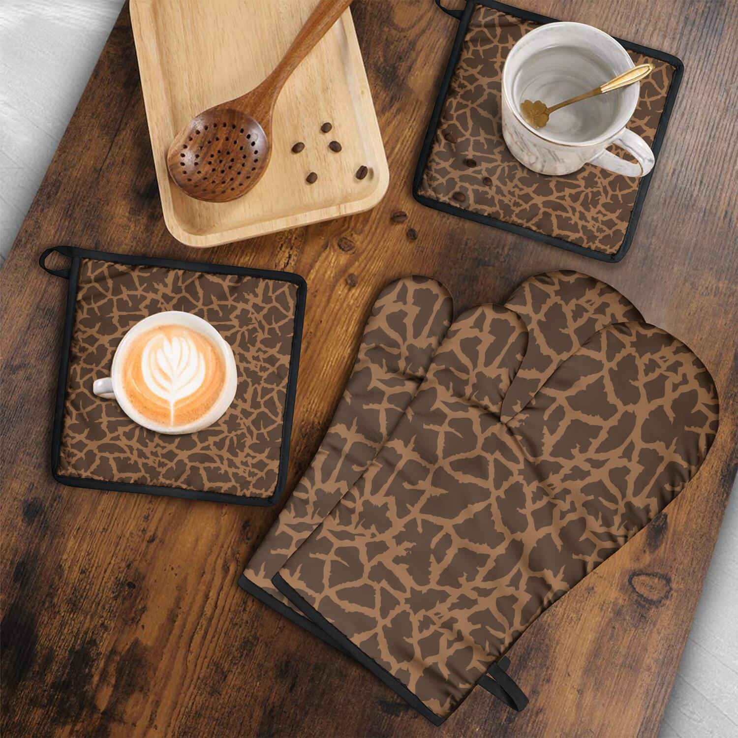 Leopard Print Oven Mitts and Pot Holders Set Of 4, Heat Resistant Kitchen Gloves with Non-Slip Grip, Hanging Loop, Soft Cotton Lining for Baking, Cooking, Grilling, Barbecue