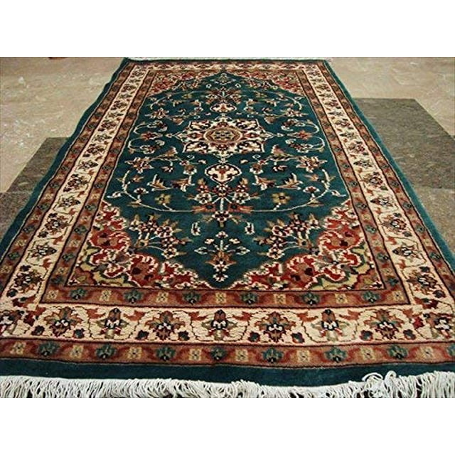 AHMEDANI Floral Ivory Touch Medallion Rectangle Area Rug Hand Knotted Wool Silk Carpet (5 x 3)'