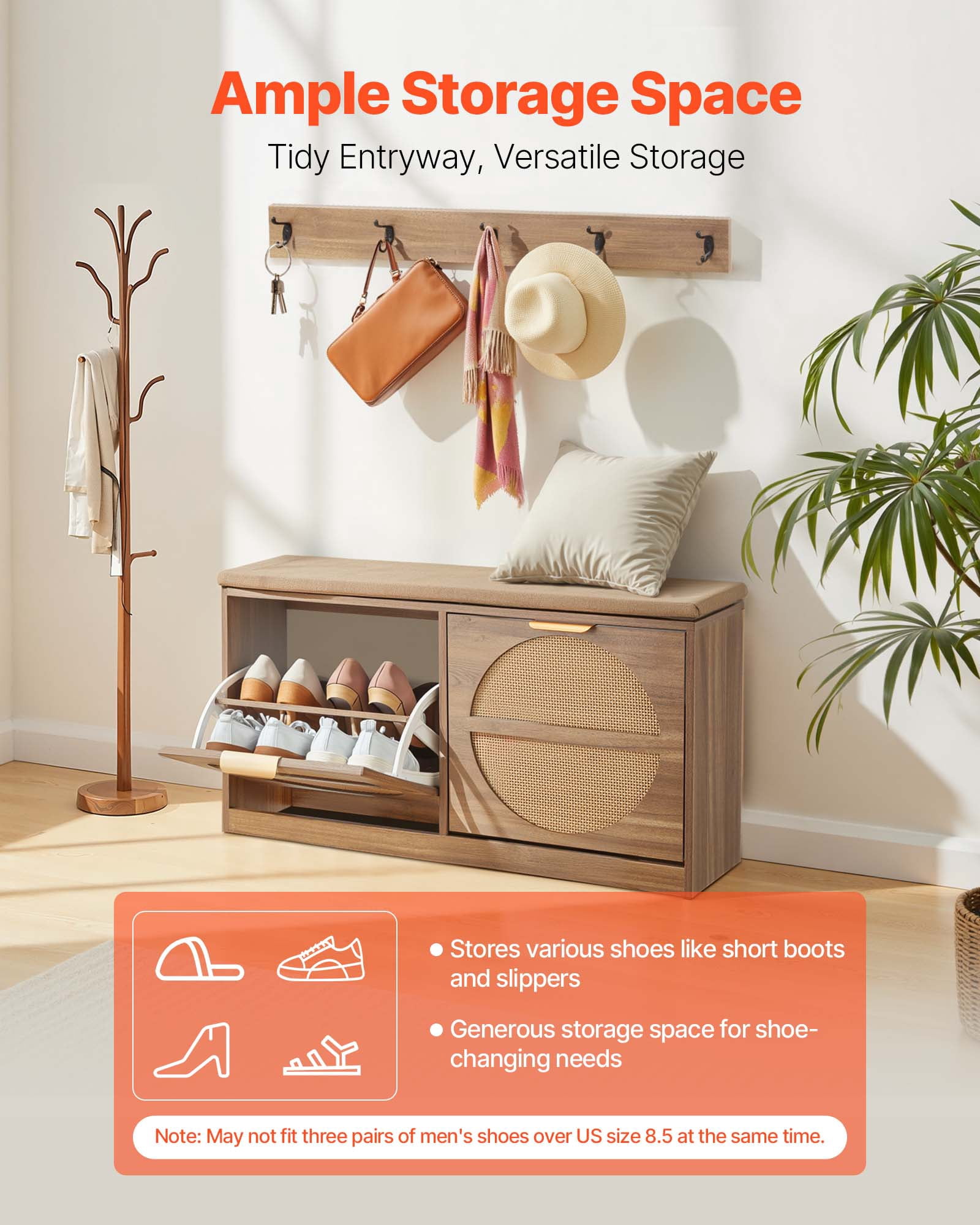VEVOR Entryway Shoe Bench, 38.9 x 9.4 x 19.7 Inch Rattan-Like Shoes Bench with Flip Drawers, 440lbs Shoe Storage Rack with Cushion, 4 Compartments and Rattan Doors, for Hallway, Living Room, Bedroom