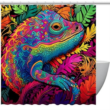 Neon Chameleon Shower Curtain with Hooks, Waterproof Polyester Fabric Bathroom Curtain, Machine Washable, 72 x 72 in