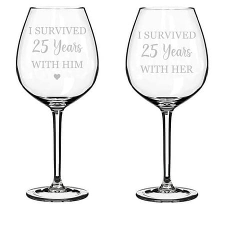 Set of 2 Wine Glass Goblet Gift I Survived 25 Years 25th Anniversary (20 oz Jumbo)