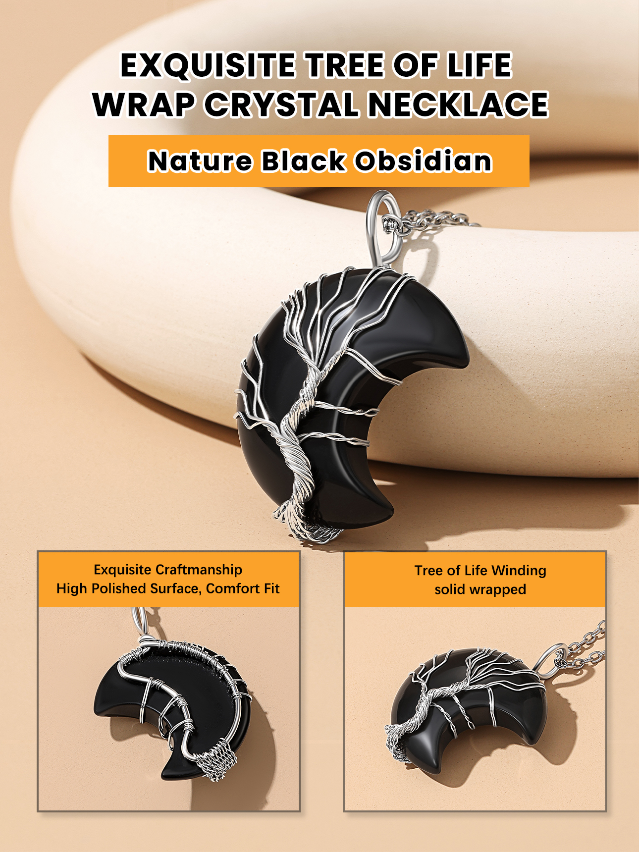Bestyle Tree of Life Black Onyx Crescent Moon Necklace photo 6