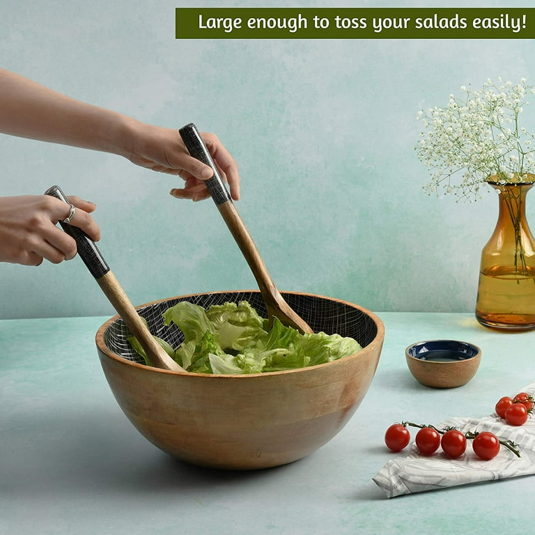 Wooden Salad Bowl or Mixing Bowls with Serving Tongs, Large