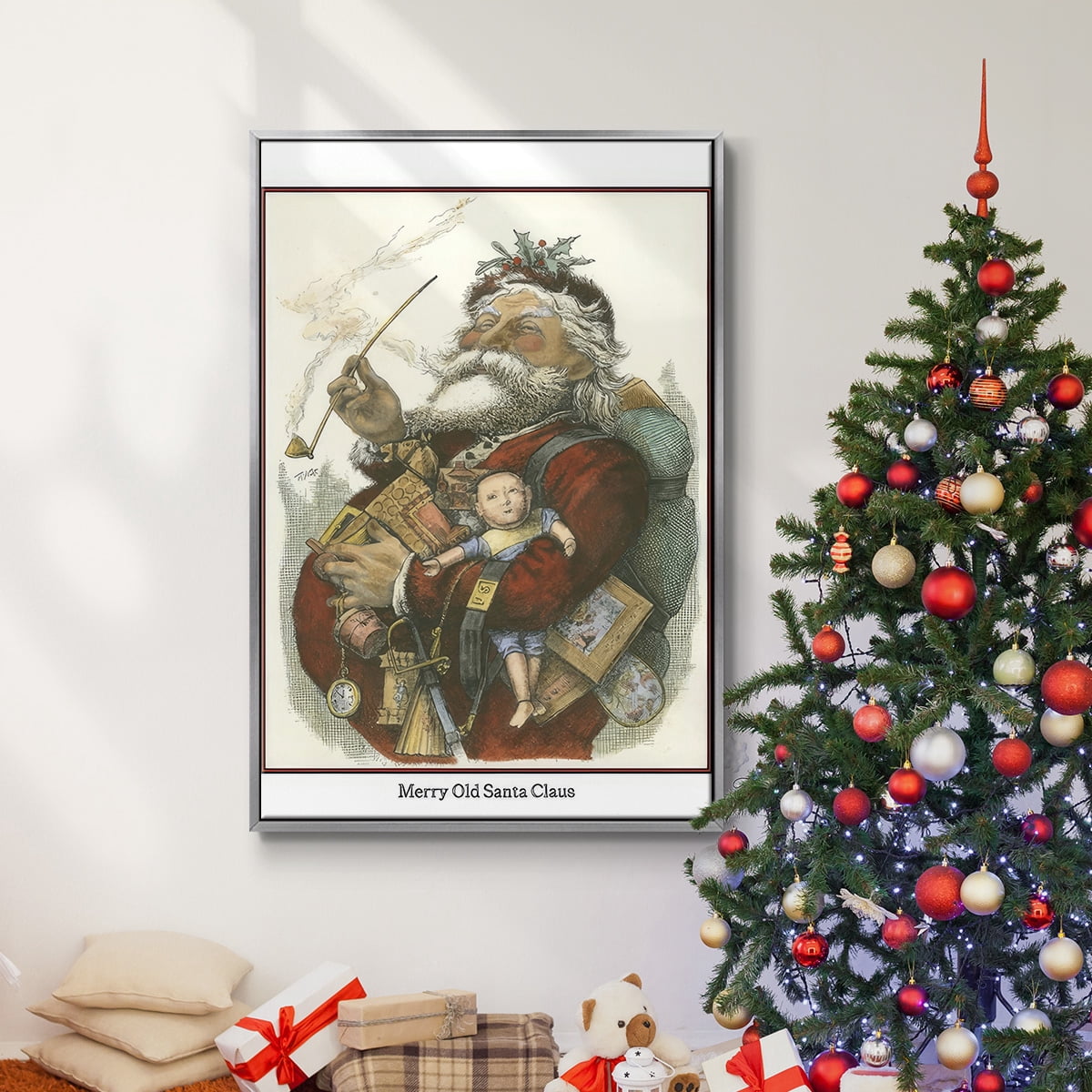 Merry Santa - Framed Gallery Wrapped Holiday Canvas - 27 x 41 - Silver Frame