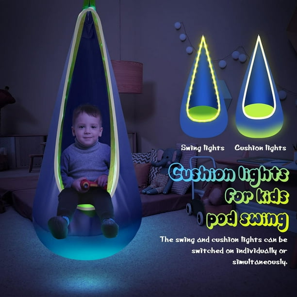 Kids Pod Swing Seat Kids Hanging Hammock Swing with LED Lights Sensory Pod Swing Chair with Inflatable Pillow All Accessories Pod Swing for Kids Indoor Outdoor 1 PCS Blue