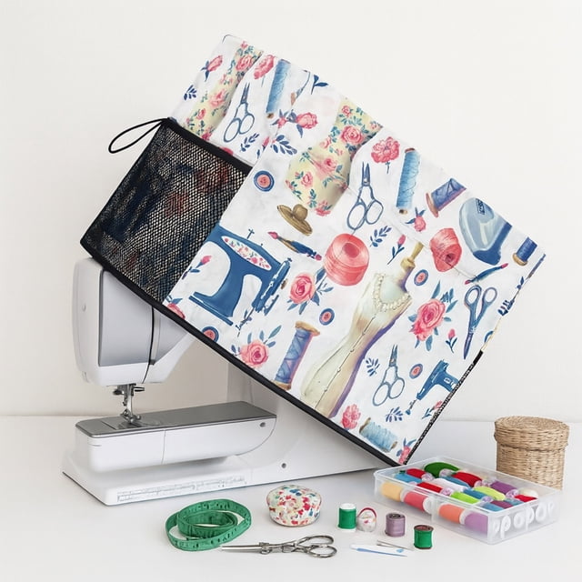Flower Sewing Machine Cover with Storage Pockets, Durable Dust Protective Cover for Brother Singer Janome Machine, Floral Print Waterproof Fabric for Craft Room Organizat