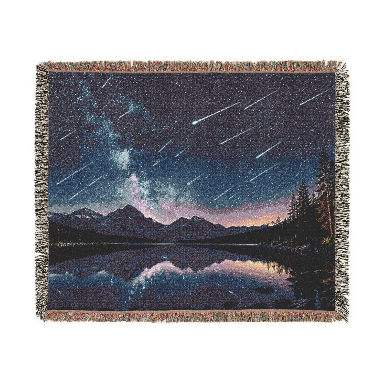 Starry Mountain Lake Meteor Woven Throw Blanket Cotton with Fringed Edges for Bedroom Accent