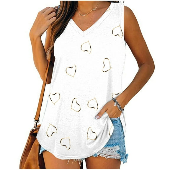 Tank Tops for Women under $5 V-Neck Basic Casual Flowy Summer Sleeveless Print Tank T-Shirt White L