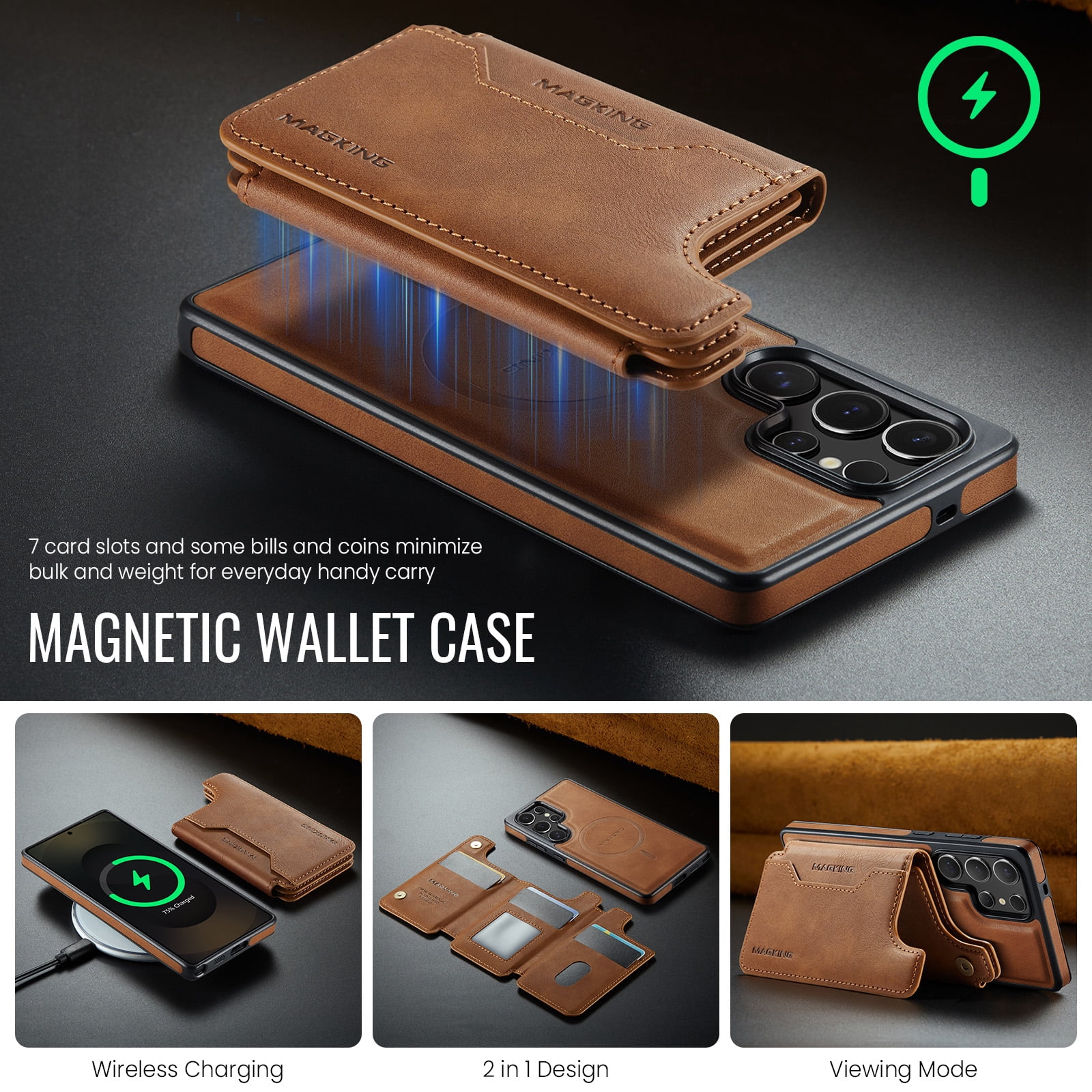 Designed for Samsung Galaxy S24 Ultra Wallet Phone Case,Magnetic Detachable Flip Card Holder,Back Flip Kickstand,Compatible with Mag-Safe,2-in-1 PU Leather Heavy Duty Shockproof Phone Case,Brown