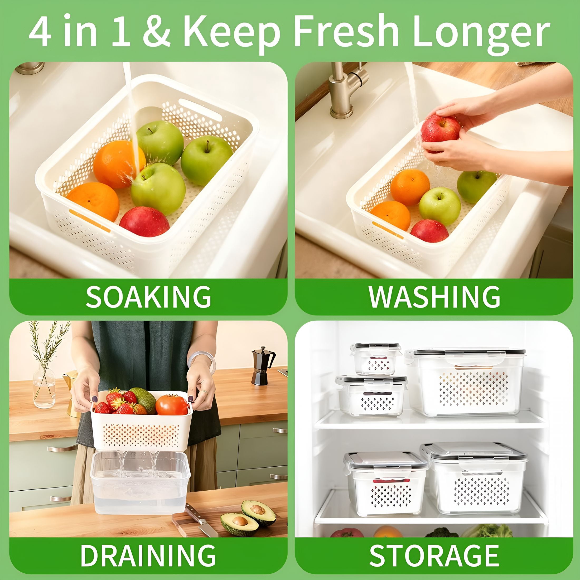 ACDANC 5-Pack Large Fruit Storage Containers for Fridge with Removable Colander,2 in 1 Produce Storage Containers,Bpa-Free Fridge Organizers and Storage Keep Fruits,Vegetables