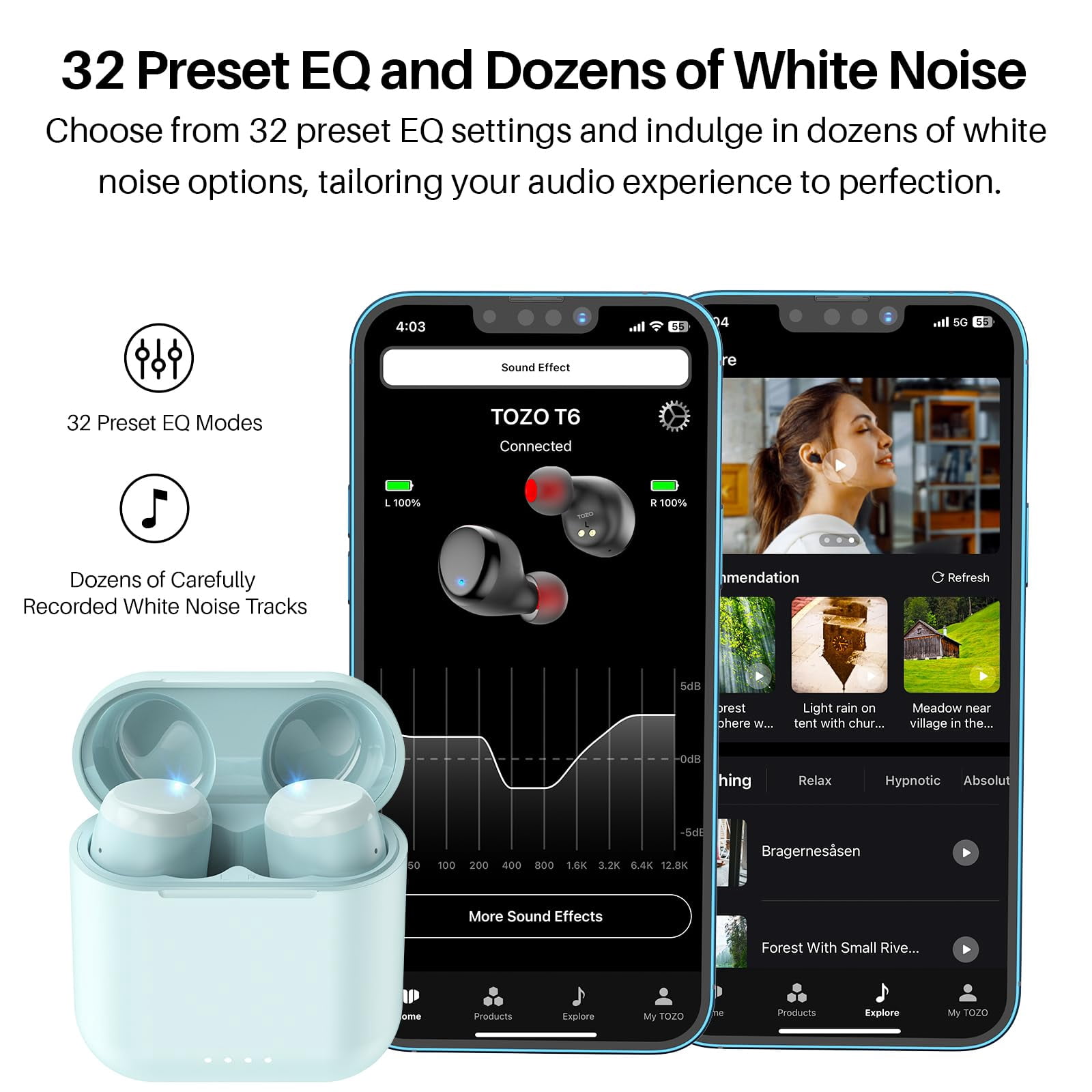 TOZO T6 Bluetooth Headphones Wireless Earbuds, 50H, AI Chat/Translation/Clear Mics, Stereo Bass, Wireless Charging, App-32EQ, IPX8 Waterproof Headphones, Blue
