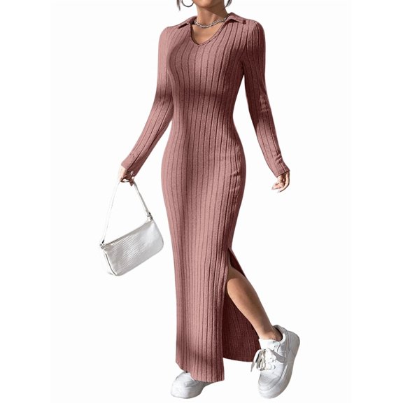 Women'S Casual Long Sleeve Collar V Neck Maxi Sweater Dress Slit Thigh Ribbed Knit Bodycon Pencil Dresses Pink XXL