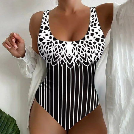 GZWYHT Womens Swimsuits One Piece Swimsuit Women Women s Square Neck Retro Stripe Print Swimsuit Swimsuits for Curvy Women Bathing Suit for Women White M