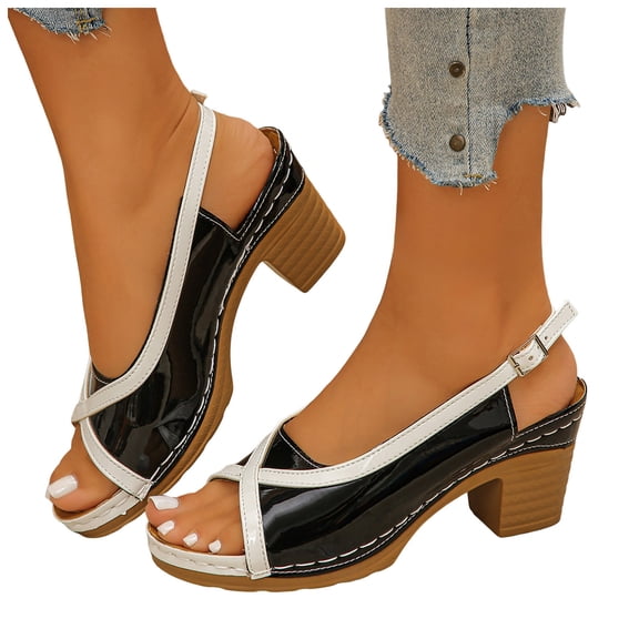 Rokment Womens Vintage Color Block Dressy Sandals Retro Casual Leather Peep Toe Platform Chunky Stackable High Heels Slingback Dress Shoes for Ladies Black Size 6