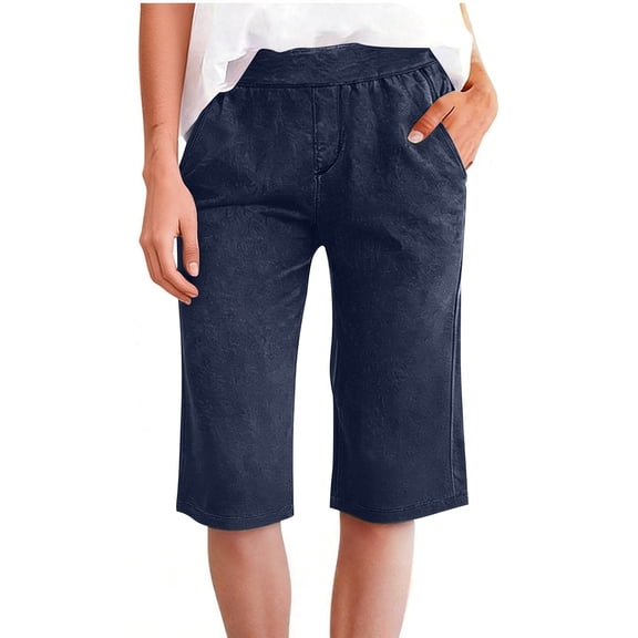 Capris for Women Relaxed Fit Elastic Waist Trousers Soft Breathable Cropped Bottoms with Side Pockets Lounge Yoga Casualwear