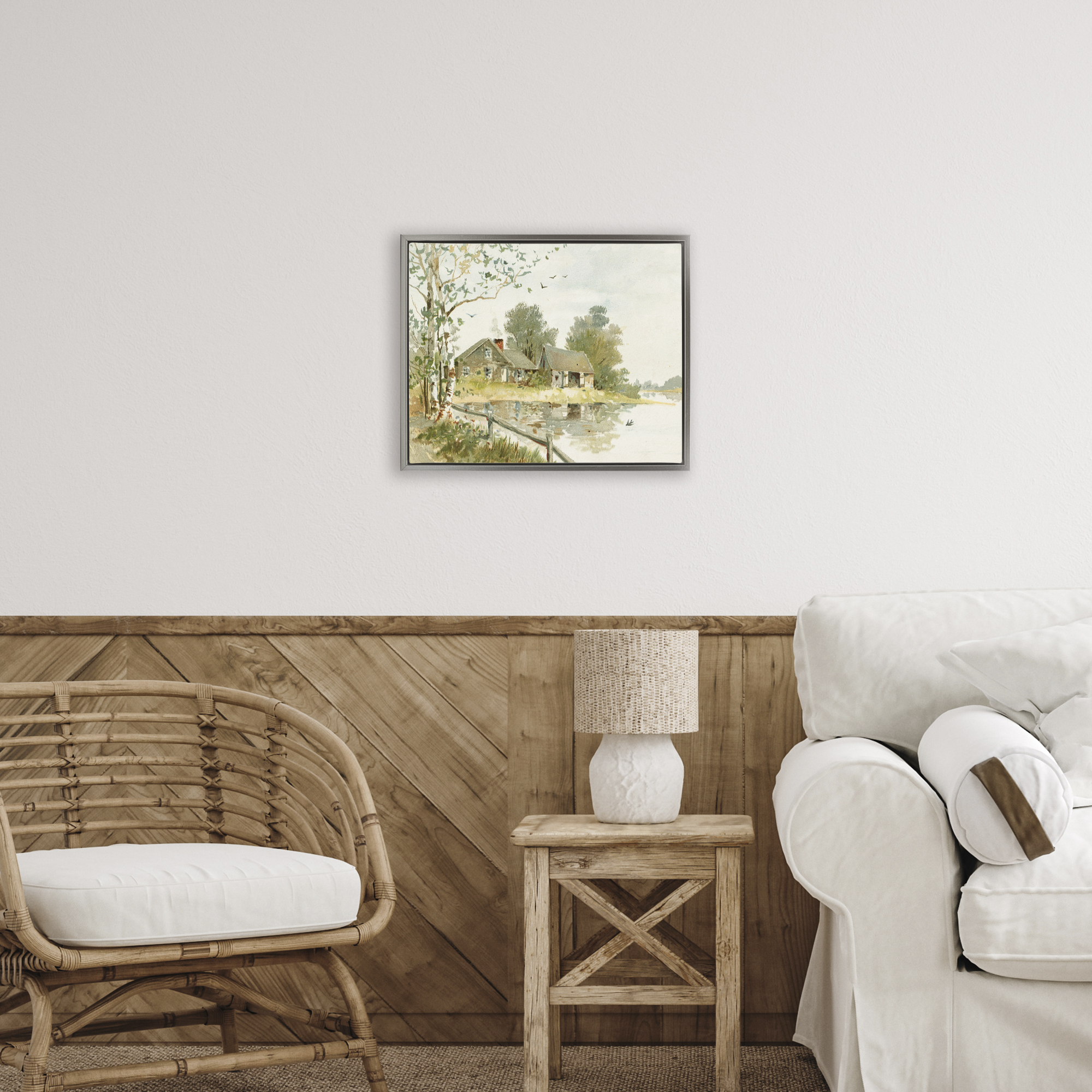 Cabin Along River's Edge Gray Framed Floater Canvas Wall Art, design by Lettered and Lined