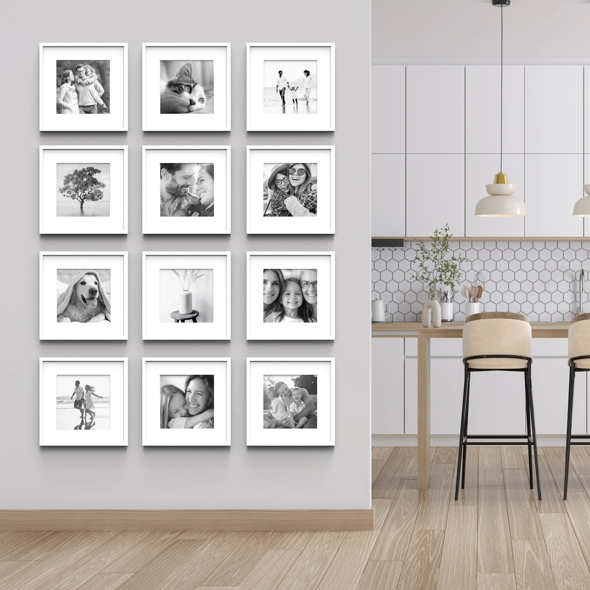 Gallery Perfect 12 Piece White Square Photo Frame Wall Kit with Art Prints & Hanging Template