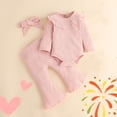 thumbnail image 2 of masbird Newborn Baby Girl Clothes Solid Color Rib Frill Long Sleeve Romper Flared Pants Headband Set 3pcs Fall Winter Outfits 0 3 6 12 18 24 Months(Pink,9-12 M), 2 of 4