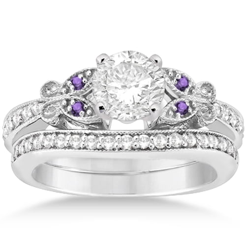 Butterfly Diamond and Amethyst Bridal Set 14k White Gold (0.42ct) by