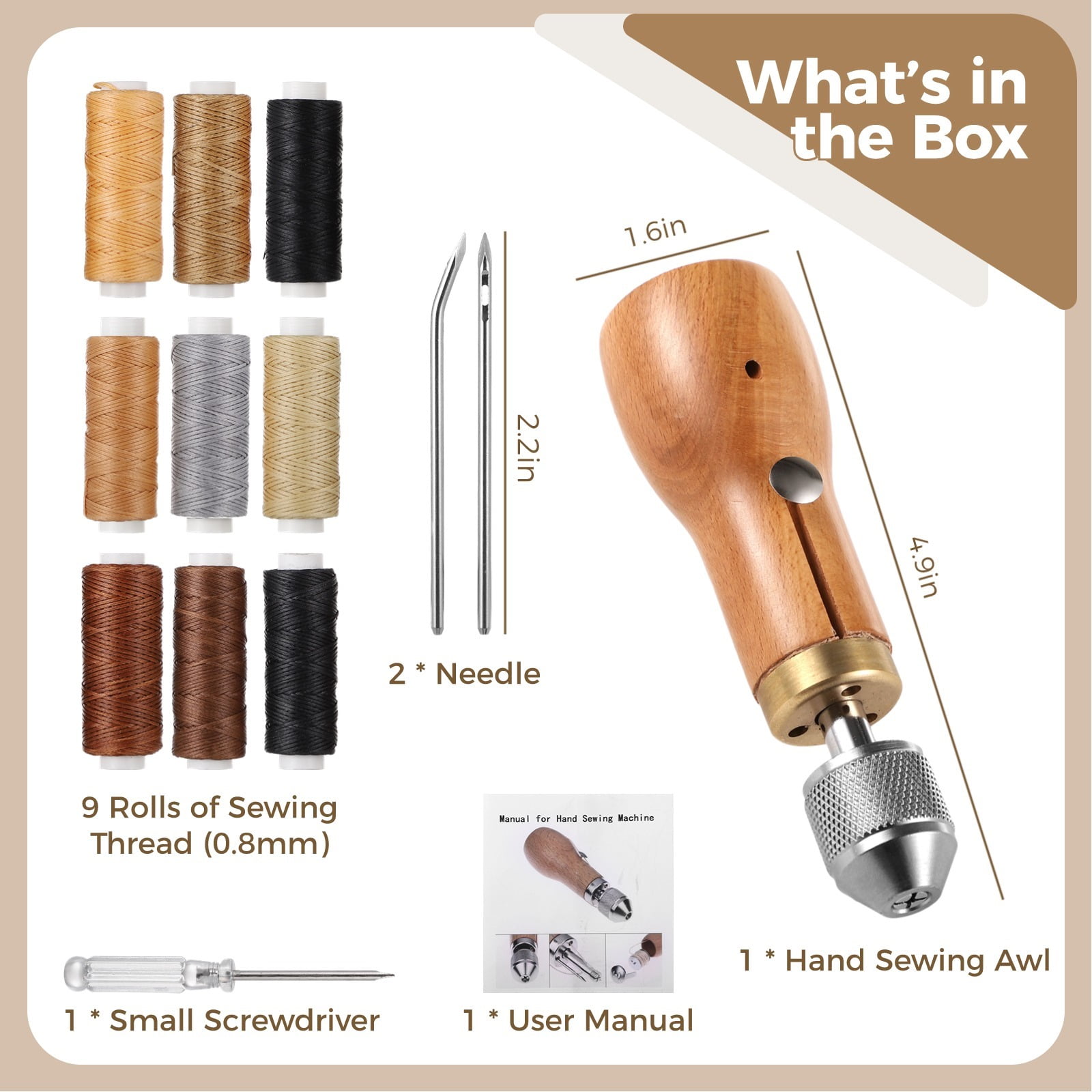 Leather Sewing Awl Thread Kit, 13 PCS Portable Sewing Awl Kit, Wood Handle Stitching Awl, Manual Sewing Awl with Needles & Waxed Thread, Hand Stitcher Repair Tool for Leather, Heavy Fabrics, Canvas