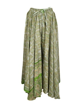 Mogul Women Green Maxi Skirt Wide Leg Full Flare Vintage Printed Sari Divided Uneven Gypsy Hippie Chic Long Skirts S