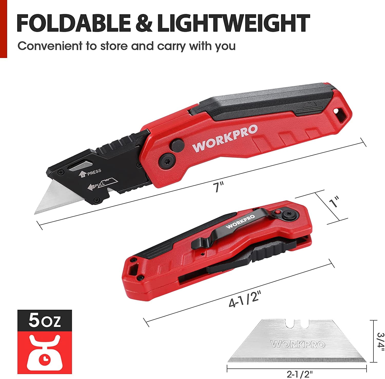 Folding Utility Knife, Quick Change Box Cutter, Razor Knife for Cartons, Cardboard, Boxes, Blade Storage in Aluminum Handle, 13 Extra Blades Included (Red)
