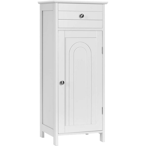 Bilot Bathroom Floor Cabinet, Wooden Side Storage Organizer Unit, Free-Standing Single Door Floor Storage Cabinet with Large Drawer & 2 Adjustable Shelves for Bedroom Living Room (White)