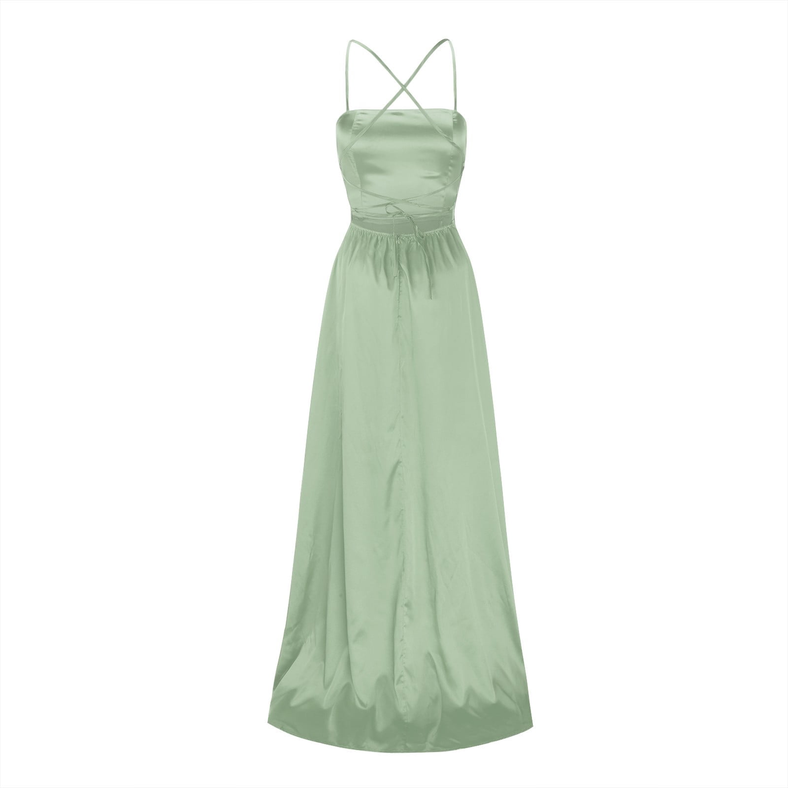 XIAOCHA Satin Gown for Women Fitted Scoop Neck Spaghetti Strap Side Slit Maxi Dress Smooth Glamorous Evening Dresses