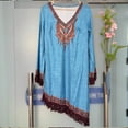 thumbnail image 2 of VIWORLD Women's Bohemian Vintage Print Long Sleeve V-Neck Fringe Trim & Asymmetrical High-Low Hem Hippie Maxi Dress Blue，XL, 2 of 4