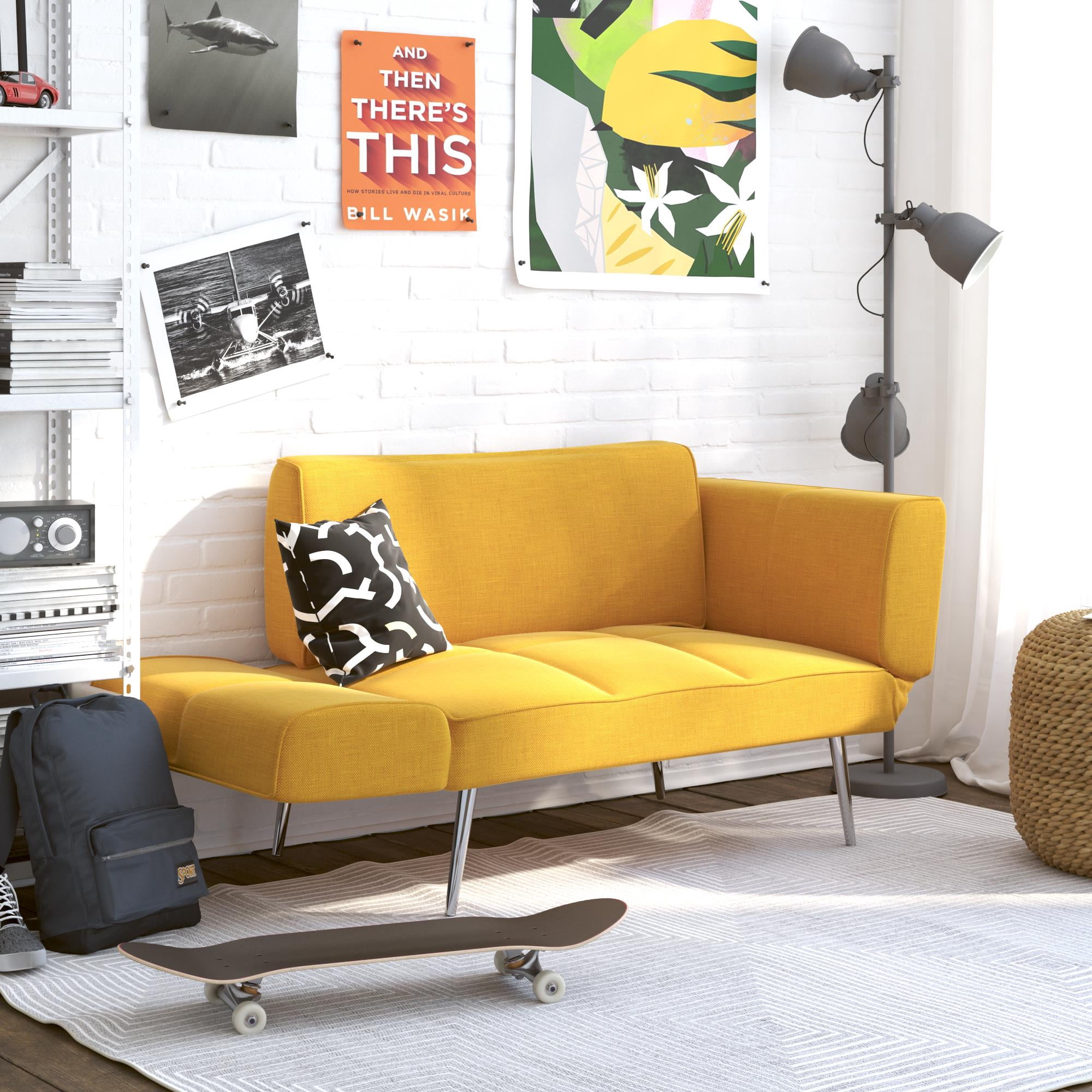 DHP Euro Upholstered Futon with Magazine Storage, Mustard Yellow