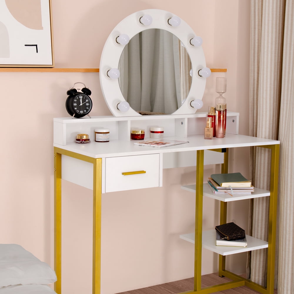 Lowestbest Dressing Table Set with Removable Round Mirror and 8