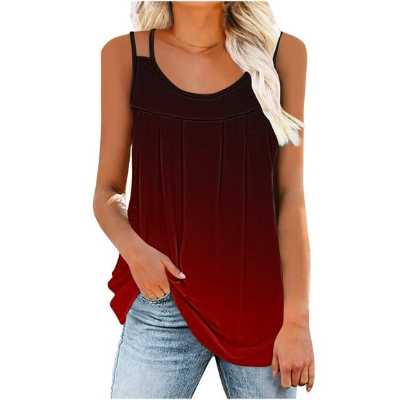 Jalioing Womens Summer Tank Tops Scoop Neck Sleeveless Loose Flowy Shirts Trendy Spaghetti Strap Pleated Camisole