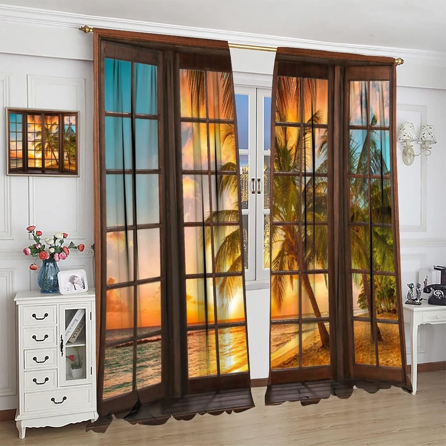 Landscape Curtains,Beach Sea Coconut Trees Natural Landscape Rustic Window Curtains Bedroom Living Room Kitchen Cafe 84x84in