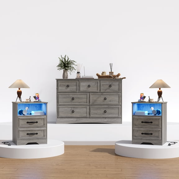 Holliwill Dresser Nightstands Set, 7 Drawers Dresser and 2pcs Bedside Table with LED & Outlets for Bedroom, Grey