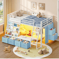 thumbnail image 3 of Twin Size Low Loft Bed with 7 Drawers & Bookshelf Reading Nook & Upholster Cushioned Seats LED Under-bed Play House Metal Platform Bed Small Space Furniture Blue, 3 of 14