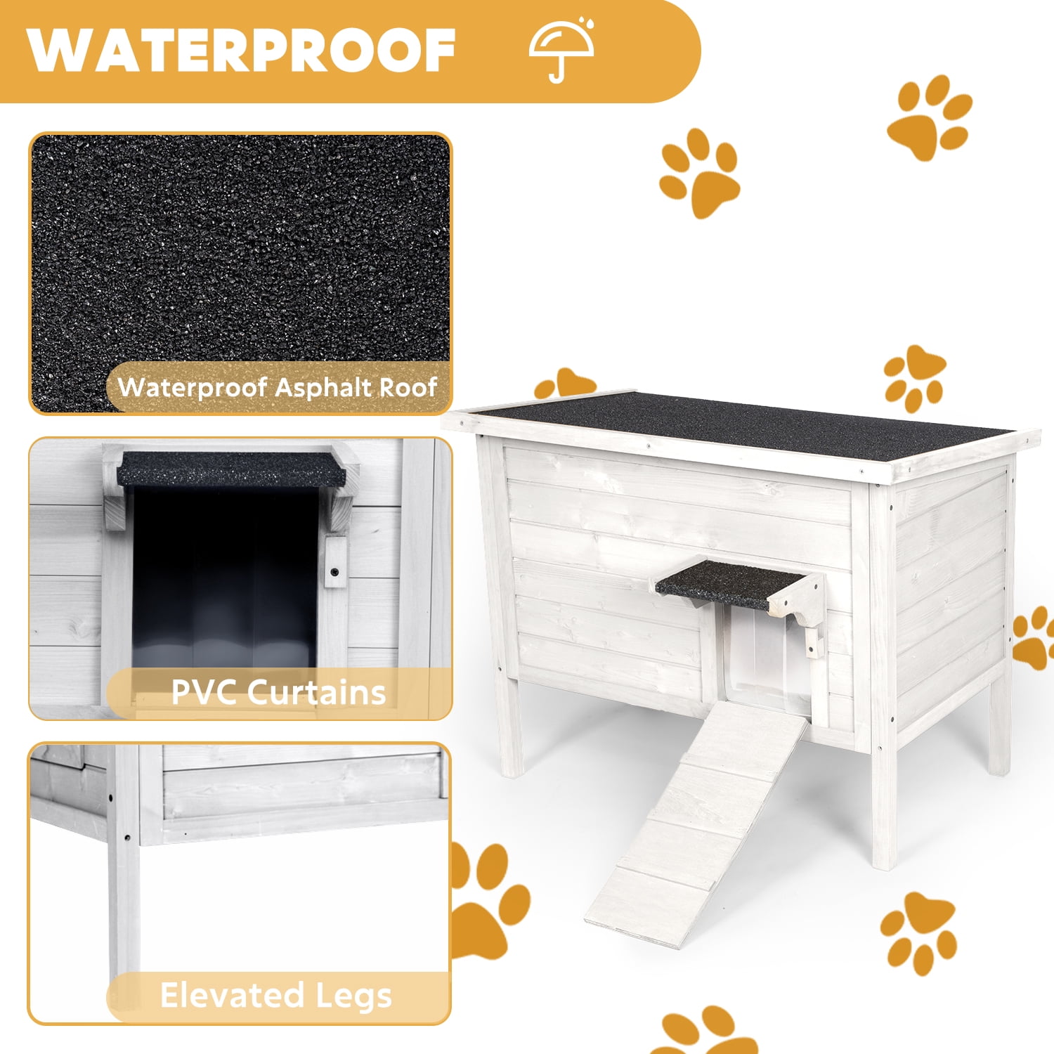 Hidpriva Insulated Wooden Outdoor Cat House, Weather-Resistant Feral Cat Shelter for Winter w/ Foldable Ladder & Visible Window, White