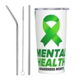 thumbnail image 1 of En mayo usamos verde Mes de concientización sobre la salud mental Taza de viaje de café de acero inoxidable con aislamiento de 20 oz con pajita Taza térmica portátil Juego de tres piezas con pajita, 1 of 7