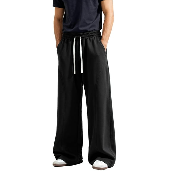 Men's Sweatpants, Drawstring Waist Straight Wide Leg Baggy Pants for Workout and Athletic Use, with Pocket for Casual and Sports Wear,Black,L