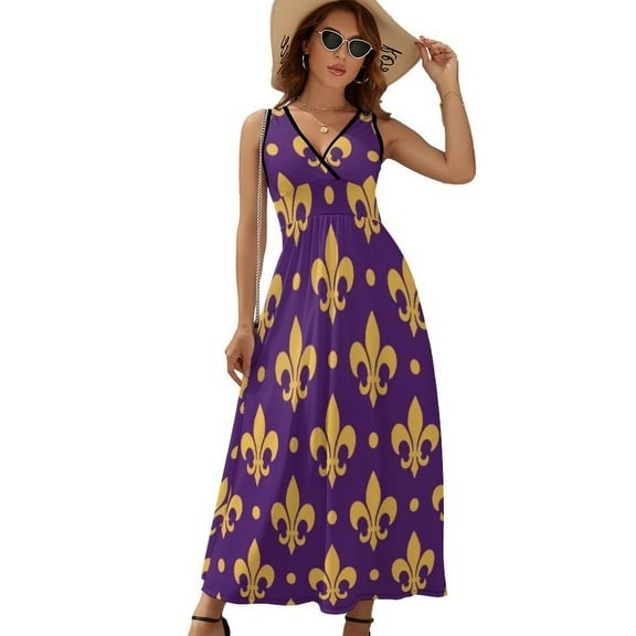 Purple Bright Mardi Gras - Fleur De Lis Dress Fashion Boho Beach Long Dresses Female Party Printed Maxi Dress