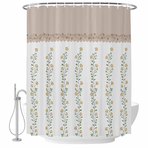 Beige Floral Shower Curtain Set - Standard 72" x 72" Washable Bathtub Curtain with 12 Hooks, Spring Summer Botanical Flowers Waterproof Fabric Stall Shower Curtains for Bathroom/Bathtub Décor