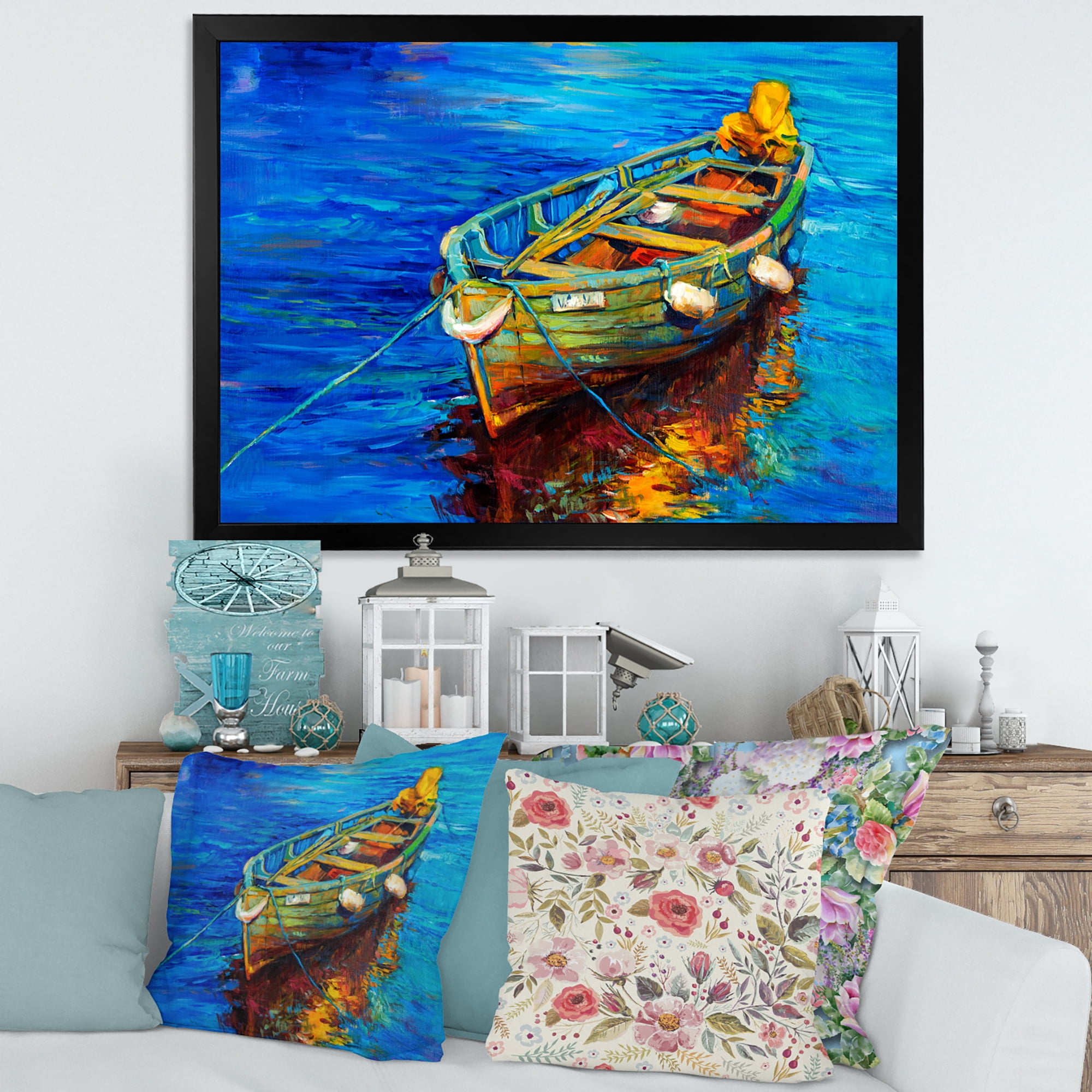 Boats During Warm Sunset Resting On The Water IV 40 in x 30 in Framed Painting Canvas Art Print, by Designart